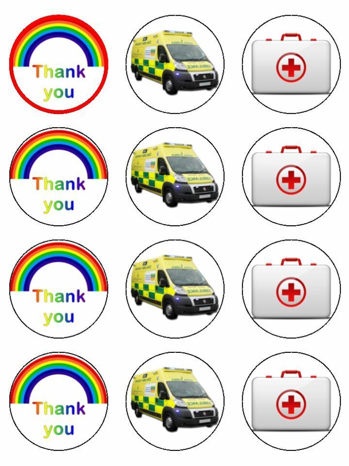 Thank you Rainbow nhs Ambulance edible printed Cupcake Toppers Icing Sheet of 12 Toppers