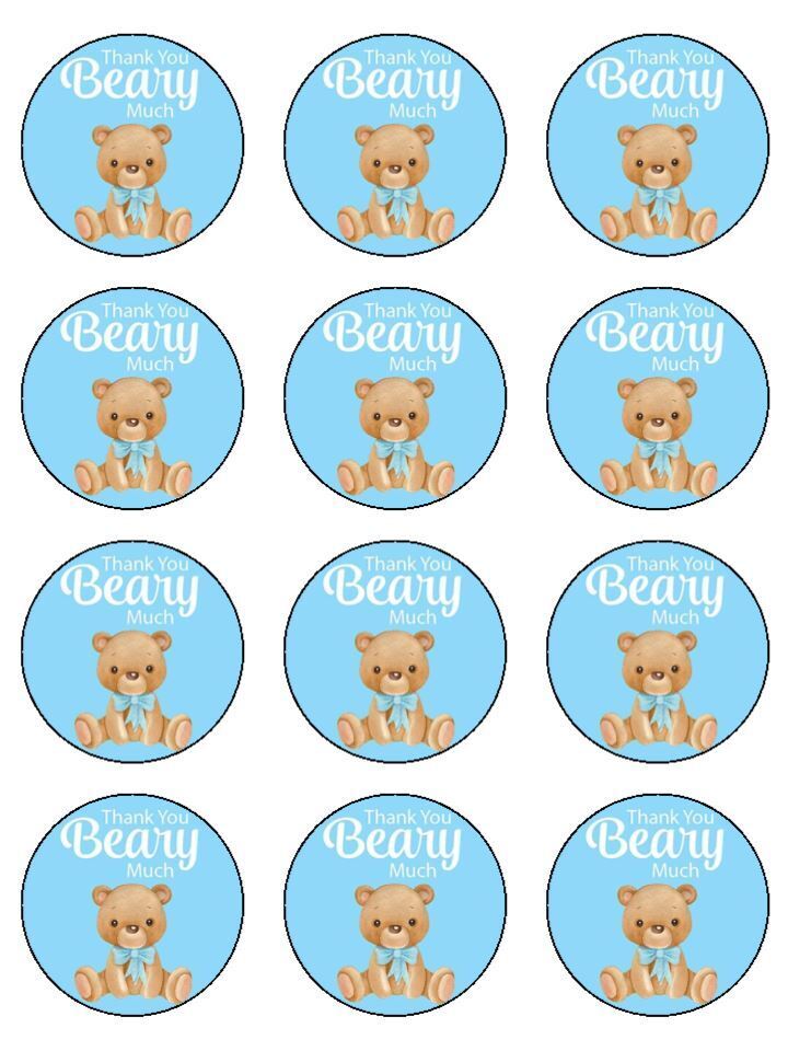 Thank you beary much blue theme Edible Printed Cupcake Toppers Icing Sheet of 12 Toppers