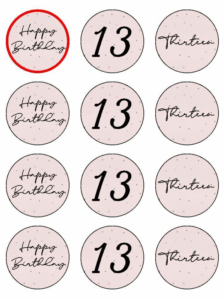 Happy Birthday Thirteen 13th 13 Printed edible printed Cupcake Toppers Icing Sheet of 12 Toppers