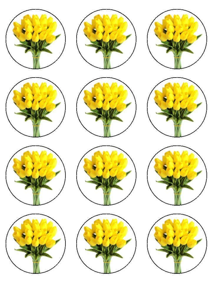 Yellow Tulips Flowers Floral  Edible Printed Cupcake Toppers Icing Sheet of 12 Toppers