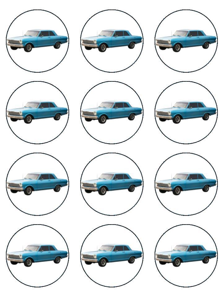 Vintage classic car blue Edible Printed Cupcake Toppers Icing Sheet of 12 Toppers