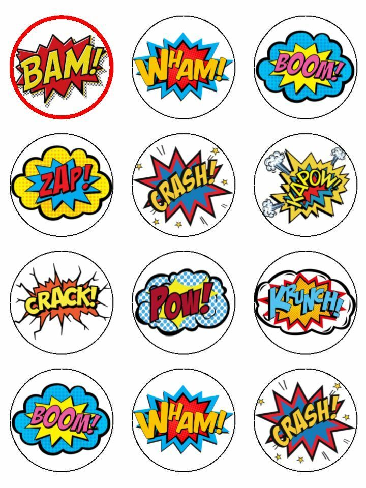 Boom pow super hero wording comic edible printed Cupcake Toppers Icing Sheet of 12 Toppers