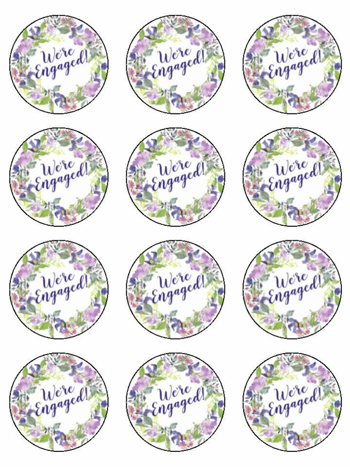 we're engaged floral flowers edible printed Cupcake Toppers Icing Sheet of 12 Toppers