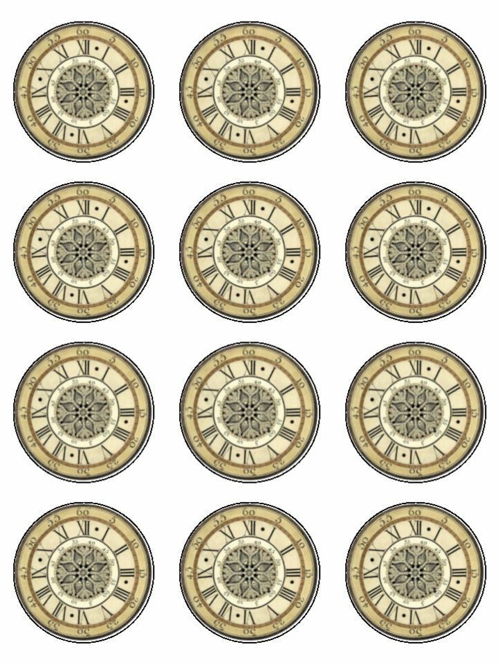 Clock vintage antique edible printed Cupcake Toppers Icing Sheet of 12 Toppers