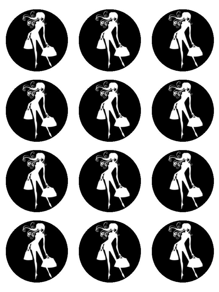 Fashion Shopping Silhouette Girl edible printed Cupcake Toppers Icing Sheet of 12 Toppers