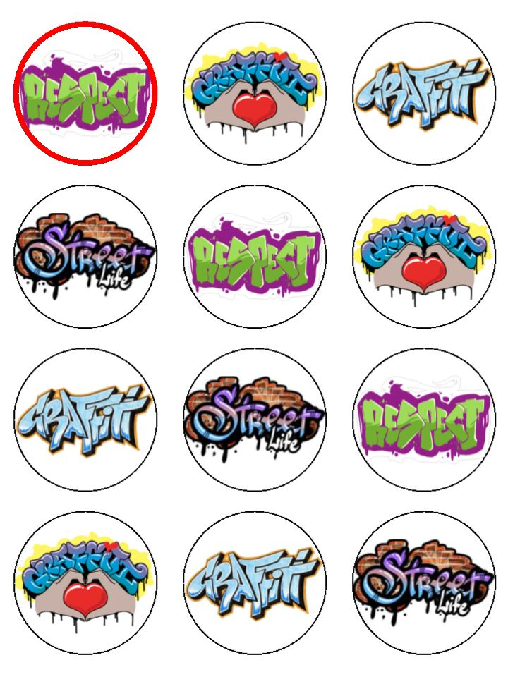 Grafitti Spray Paint Words Street edible printed Cupcake Toppers Icing Sheet of 12 Toppers