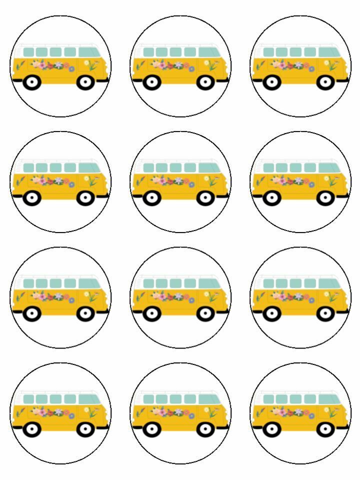 Camping Van camper yellow edible printed Cupcake Toppers Icing Sheet of 12 Toppers