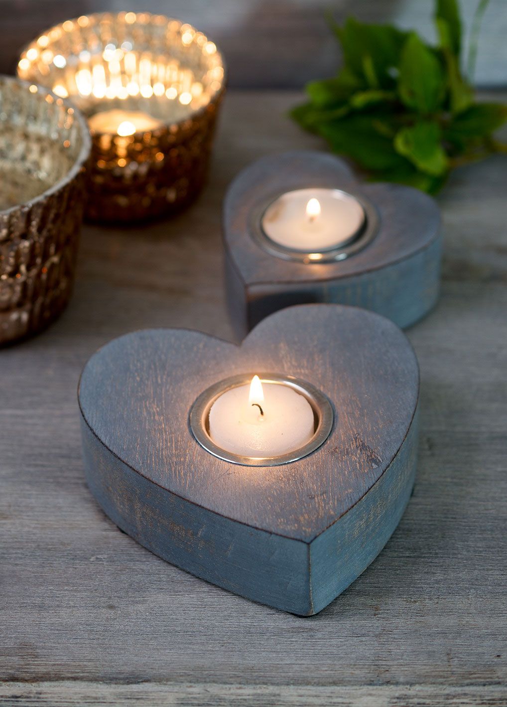 Grey Distressed Rustic Style Heart Wooden Tea Light Holder - Sold Singly - Kate's Cupboard