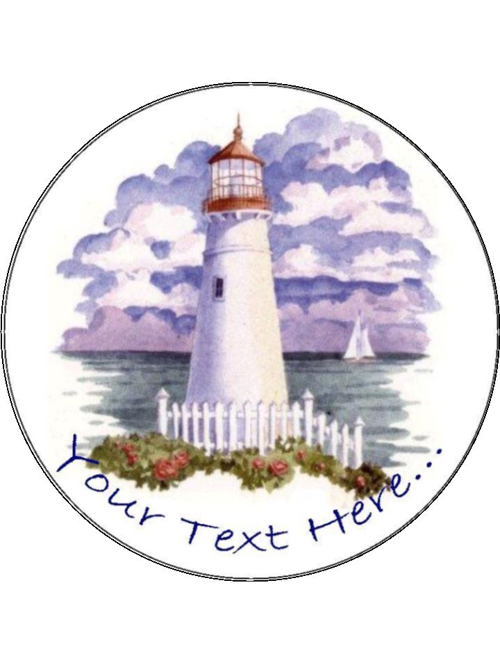 Lighthouse Sea ocean Personalised Edible Cake Topper Round Icing Sheet - The Cooks Cupboard Ltd