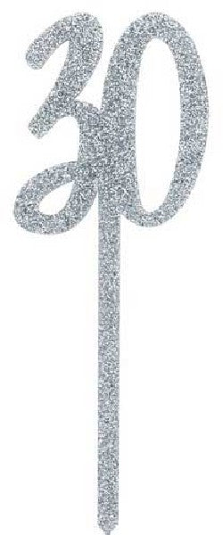 Silver Glitter Acrylic Number 30 30th Age Cake Topper - The Cooks Cupboard Ltd