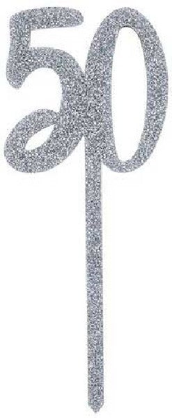 Silver Glitter Acrylic Number 50 50th Age Cake Topper - The Cooks Cupboard Ltd
