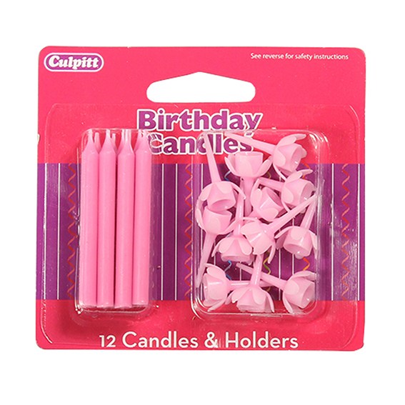 12 Pink Birthday Candles and Holders - The Cooks Cupboard Ltd