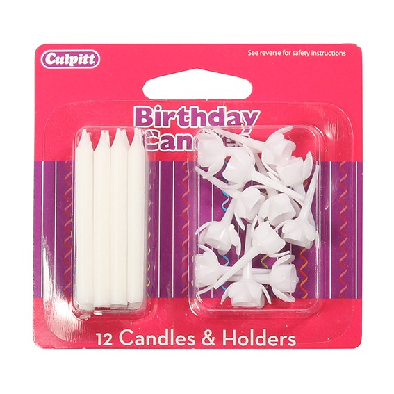 12 White Birthday Candles and Holders - The Cooks Cupboard Ltd