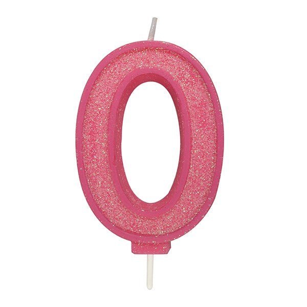 Pink Sparkle Numeral Candle - Number 0 - 70mm - The Cooks Cupboard Ltd