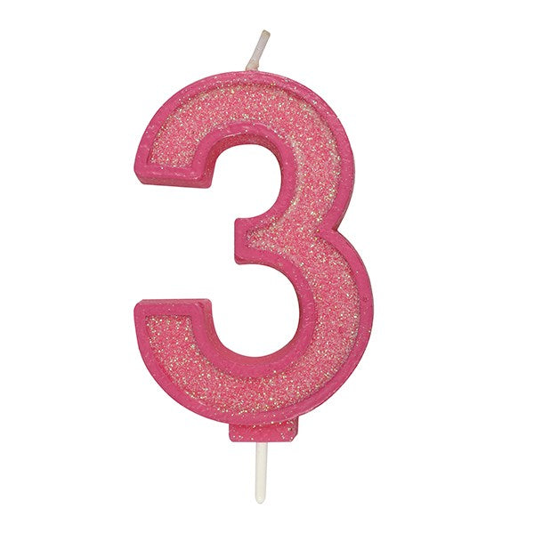 Pink Sparkle Numeral Candle - Number 3 - 70mm - The Cooks Cupboard Ltd