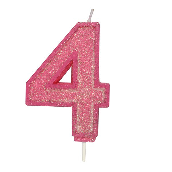 Pink Sparkle Numeral Candle - Number 4 - 70mm - The Cooks Cupboard Ltd