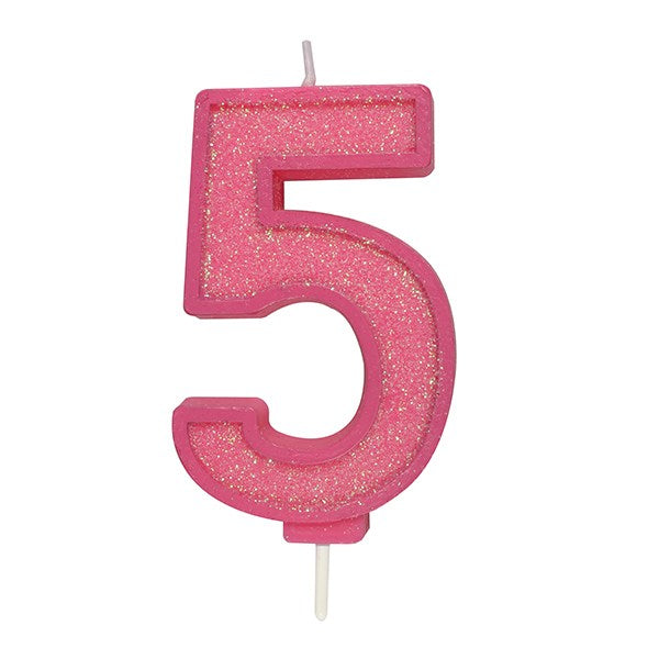 Pink Sparkle Numeral Candle - Number 5 - 70mm - The Cooks Cupboard Ltd