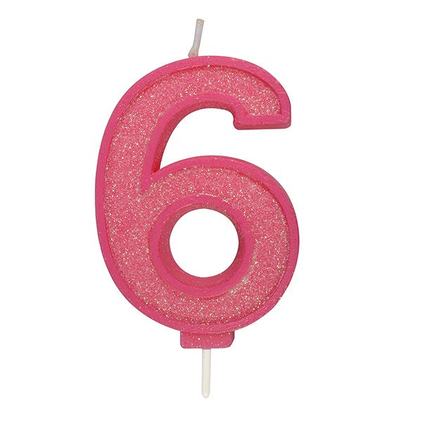 Pink Sparkle Numeral Candle - Number 6 - 70mm - The Cooks Cupboard Ltd