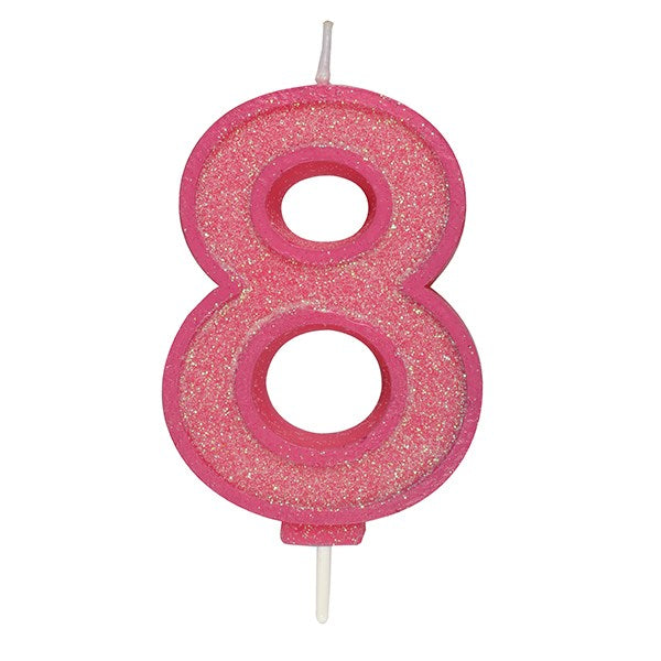Pink Sparkle Numeral Candle - Number 8 - 70mm - The Cooks Cupboard Ltd