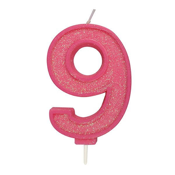 Pink Sparkle Numeral Candle - Number 9 - 70mm - The Cooks Cupboard Ltd