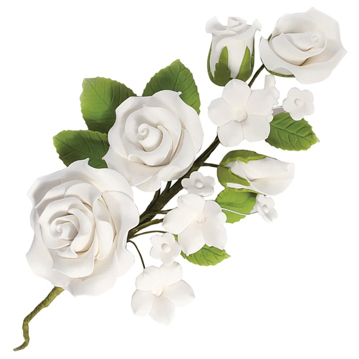 Gum Paste Floral Flower cake Topper Spray Rose White 145mm - The Cooks Cupboard Ltd