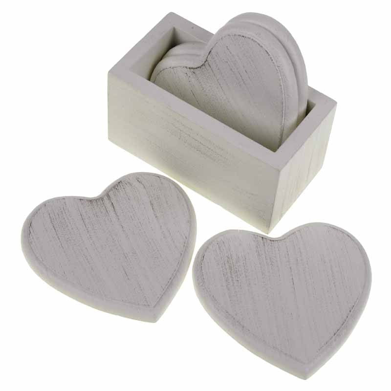 Heart White Wash Wooden Coaster Set In Holder - Kate's Cupboard