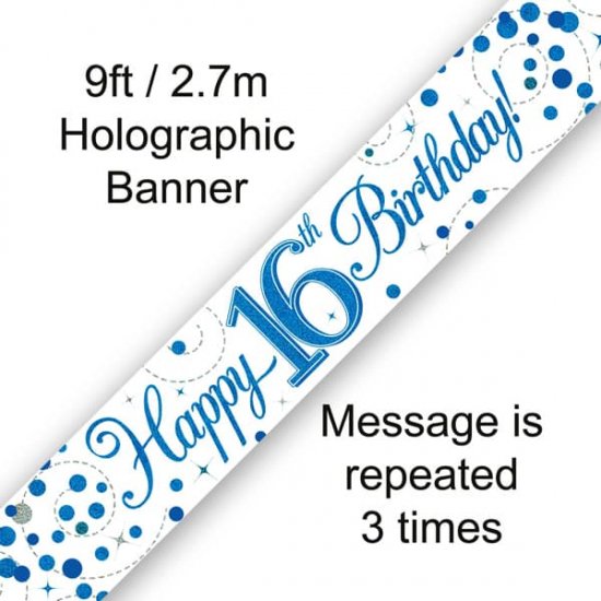 Blue, White & Silver Age 16 16th Birthday Celebration Happy Birthday Banner