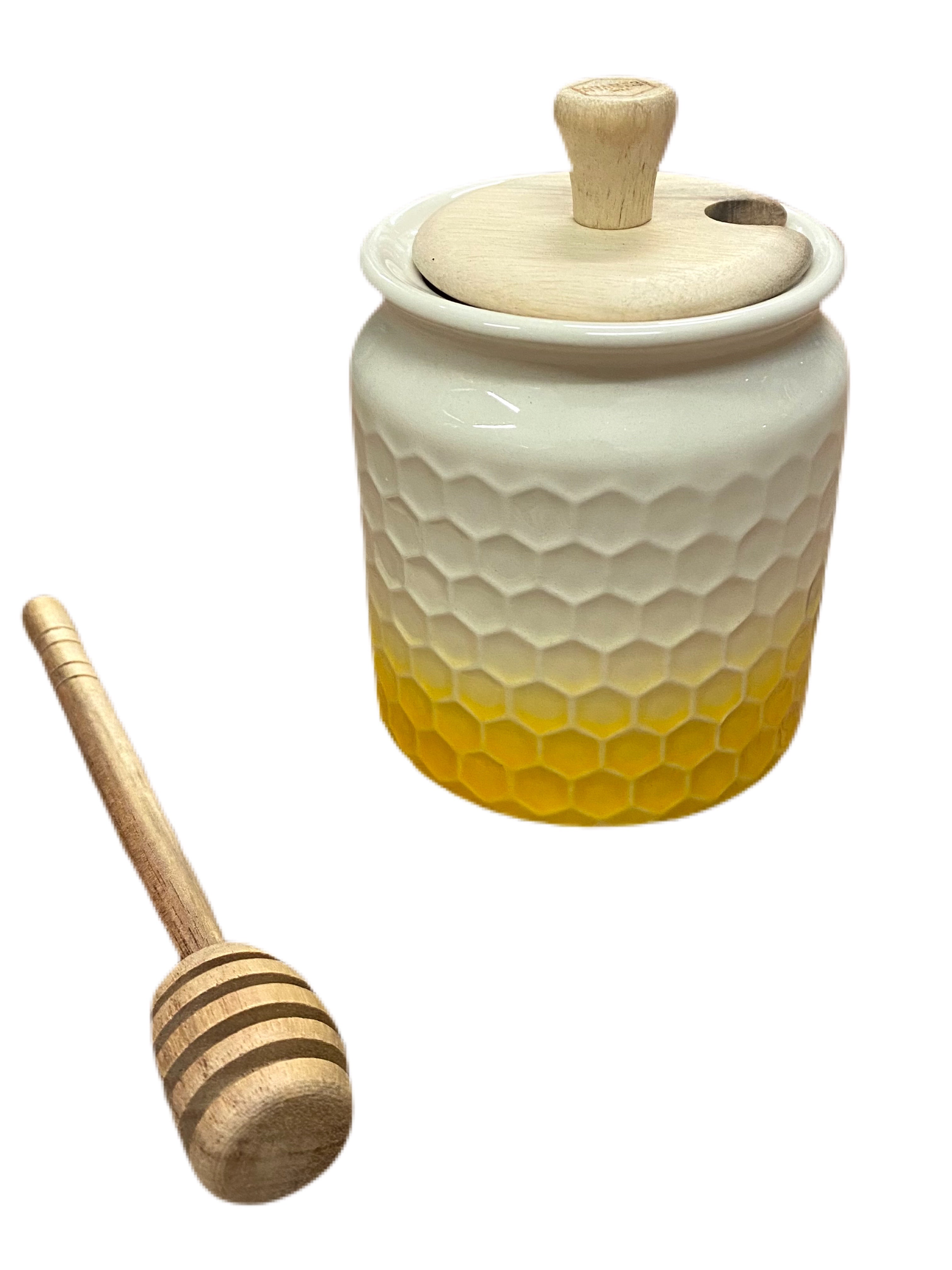 Kitchen Pantry – Honeycomb Design Honey Pot and Wooden Dibber  – Yellow - Kate's Cupboard