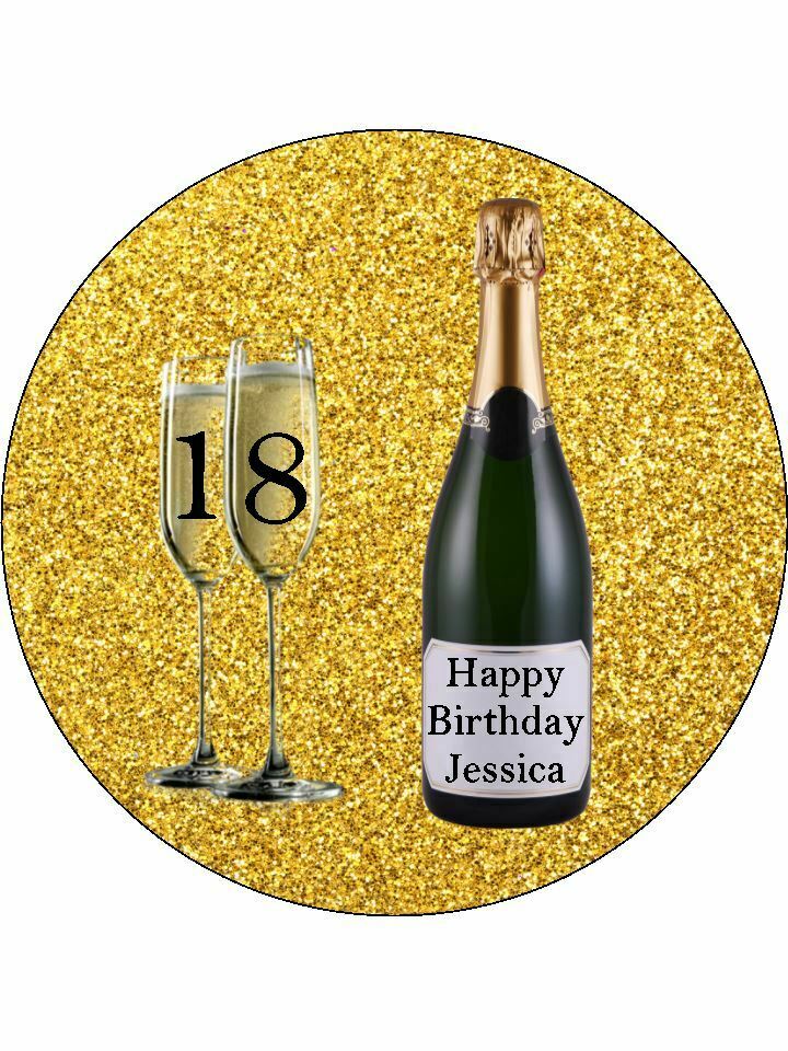 18 21 any age gold champagne Personalised Edible Cake Topper Round Icing Sheet - The Cooks Cupboard Ltd