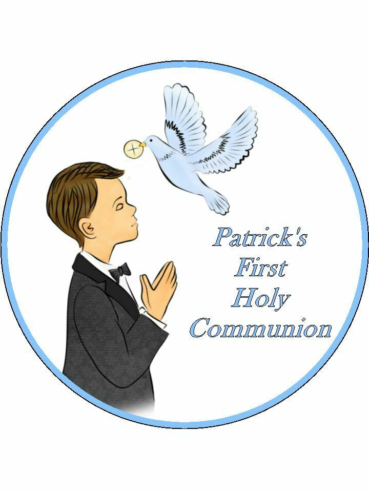 1st Holy Communion Blue Boy Personalised Edible Cake Topper Round Icing Sheet - The Cooks Cupboard Ltd