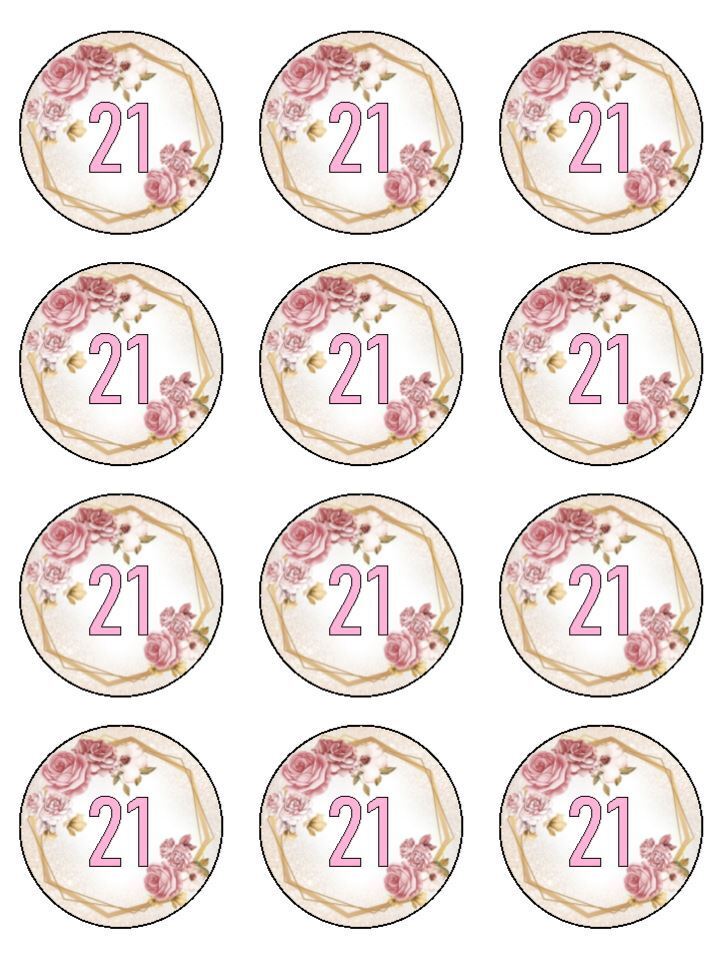 Age 21 21st Floral Geometric Pink Birthday Edible Printed Cupcake Toppers Icing Sheet of 12 Toppers