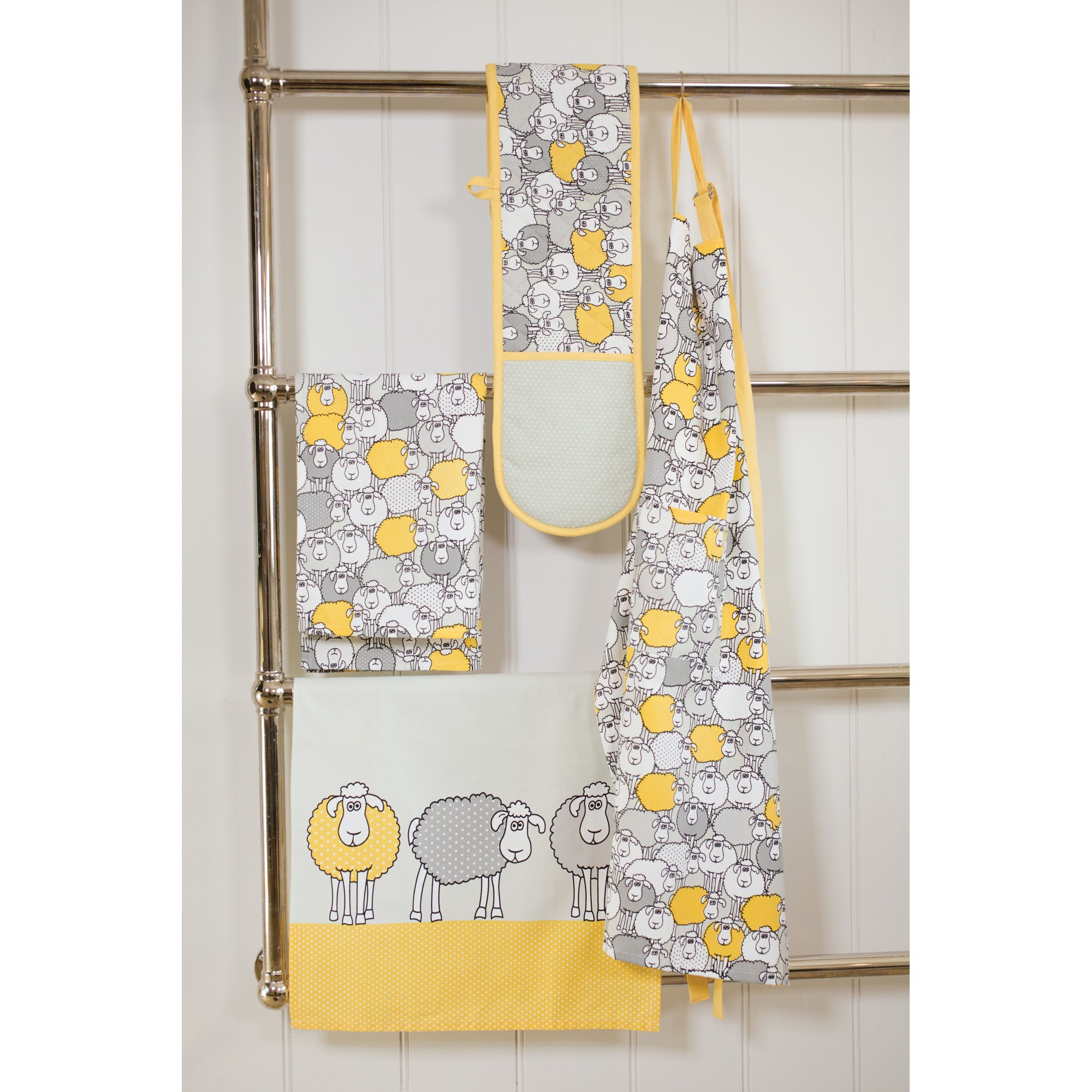 KitchenCraft White, Grey and Yellow Sheep Apron - The Cooks Cupboard Ltd
