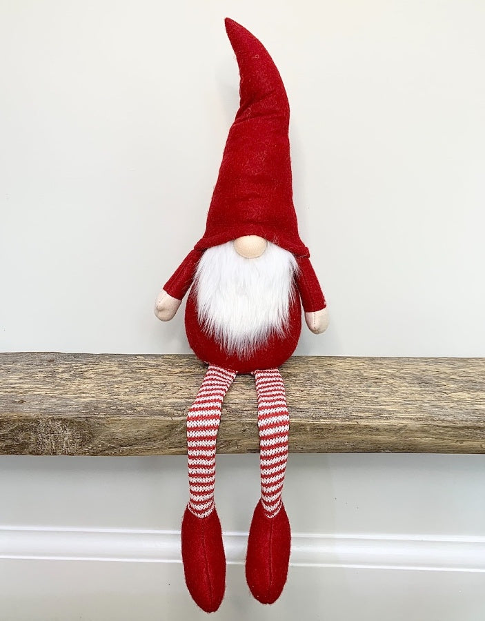 Red Fabric Sitting Christmas Gonk with Stripy Legs 53cm - The Cooks Cupboard Ltd