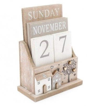 Wooden House and Tree Design Perpetual Desktop Calendar - Kate's Cupboard