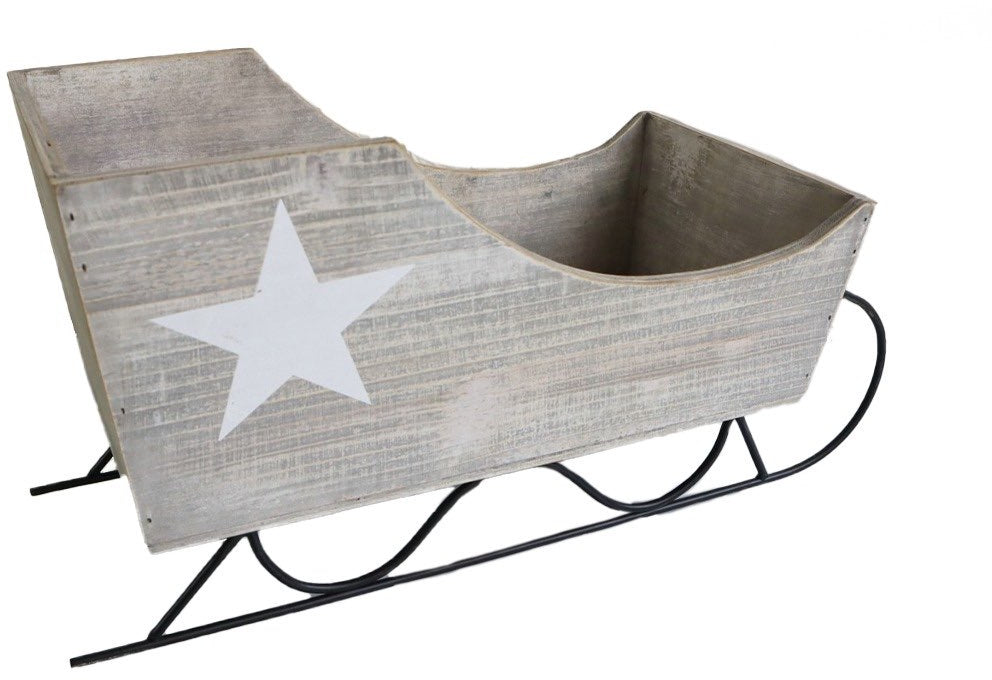 Wooden Decorative Christmas Sleigh with Star Detail and Metal Skids - The Cooks Cupboard Ltd