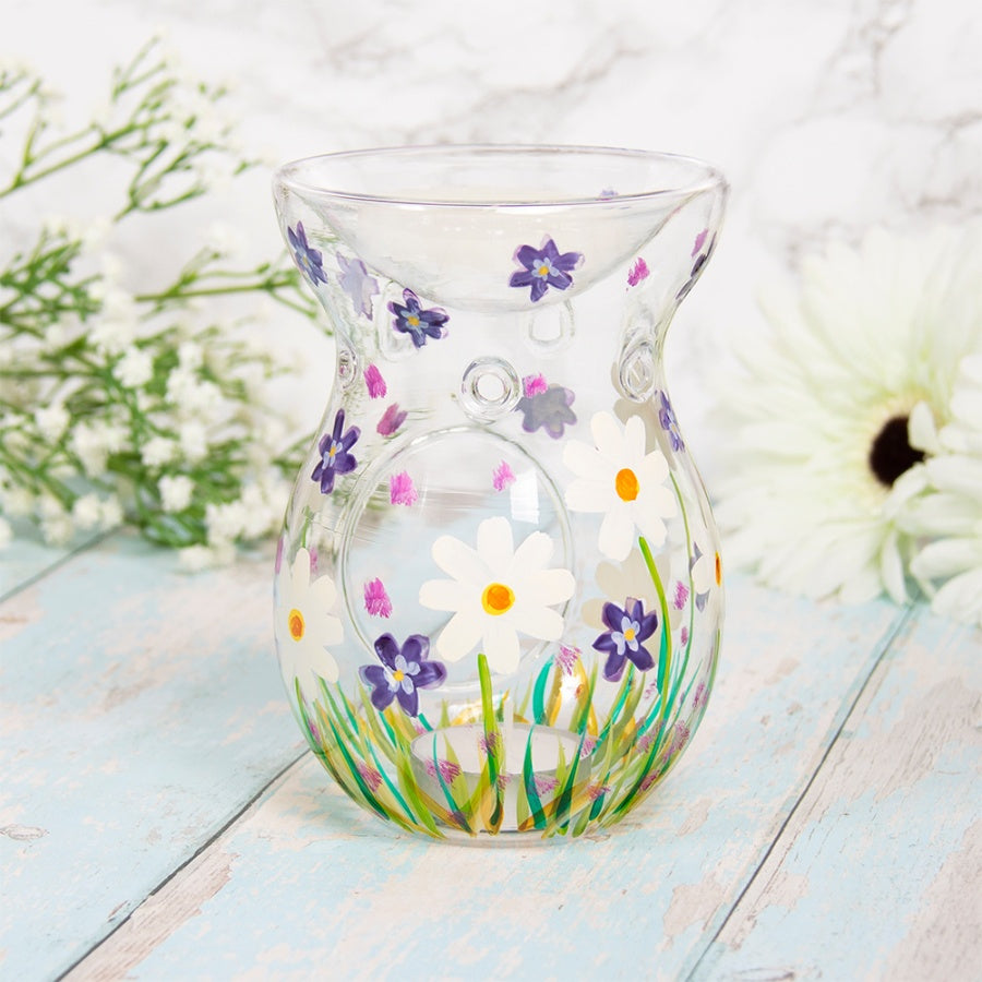 Hand painted Floral Daisy Glass Wax Melter / Oil Burner