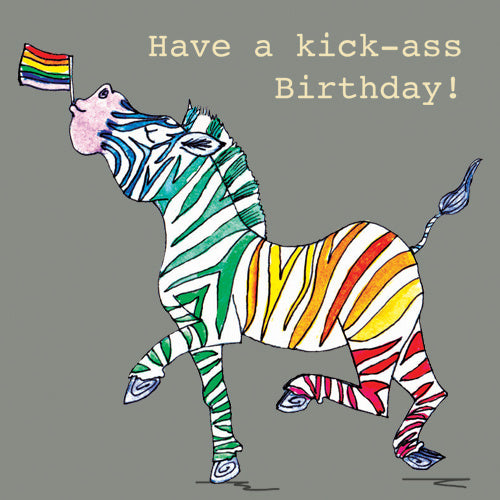 Greeting Card with Envelope - Have a Kick-Ass Birthday - Rainbow Zebra Pride