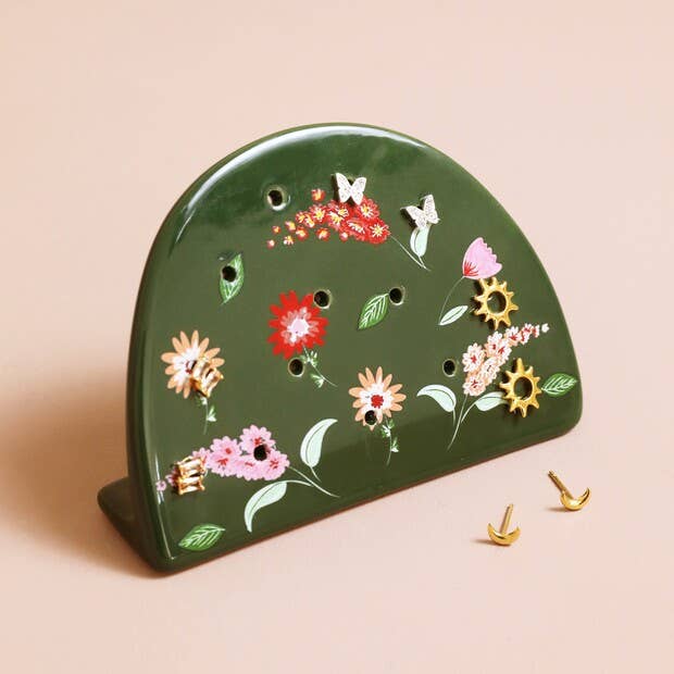Forest Green Flower Print  Ceramic Earring Holder