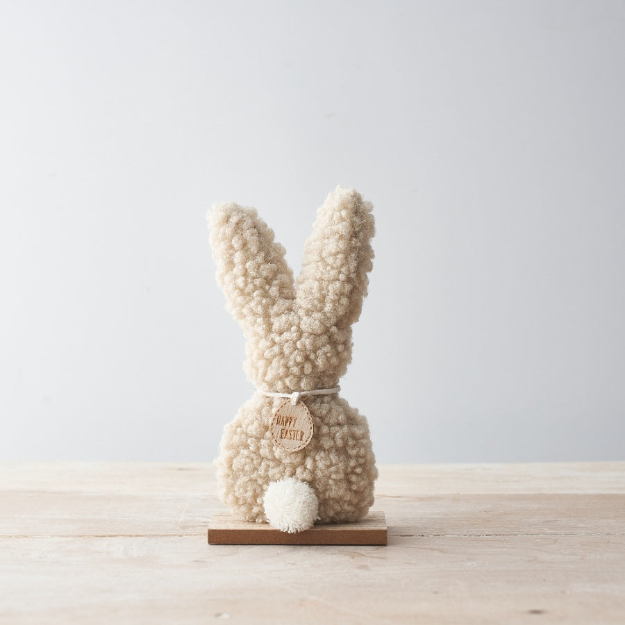 Fluffy Sherpa Easter Bunny Rabbit Spring Decorative Figure with Happy Easter Wooden Detail