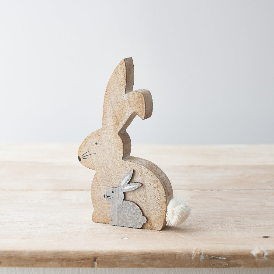Wooden Sitting Spring Bunny Rabbit with Grey Baby Rabbit and Fluffy Tail