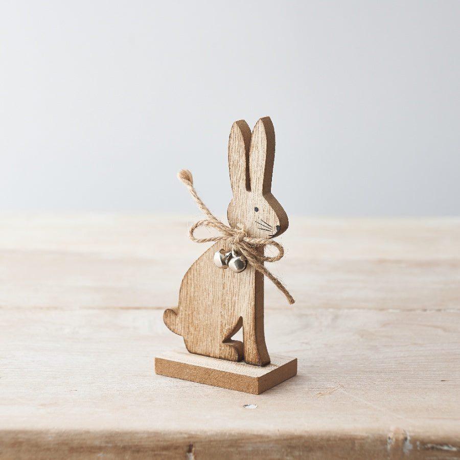 Wooden Sitting Spring Bunny Rabbit Figure with Bell Detail 