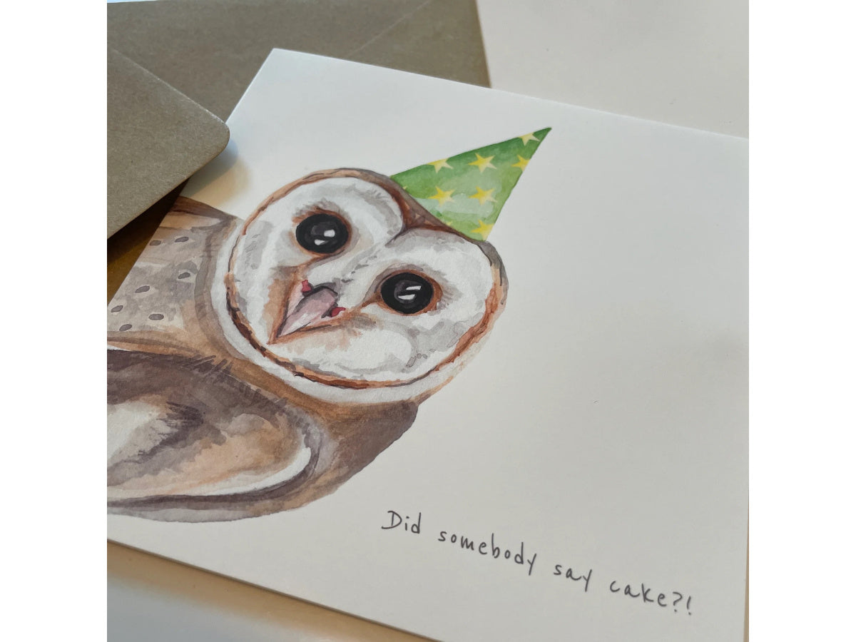 Greeting Card with Envelope -  Owl Theme - Did someone say cake ?!