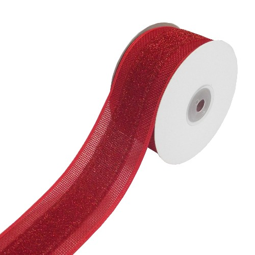 Hessian / Fabric Woven Edge Ribbon with Glitter Central Detail - Red 50mm - The Cooks Cupboard Ltd