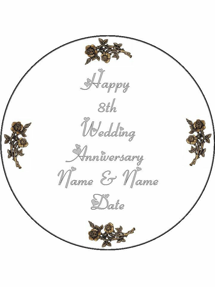 8th Bronze Wedding Anniversary Personalised Edible Cake Topper Round Icing Sheet - The Cooks Cupboard Ltd