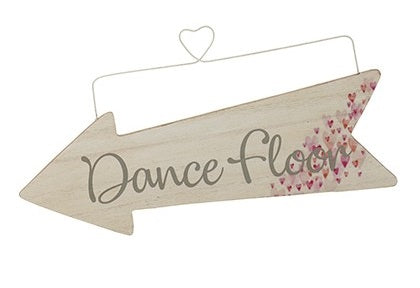 Wooden Event Arrow With Tiny Hearts and Wire Hanger - DANCE FLOOR - The Cooks Cupboard Ltd