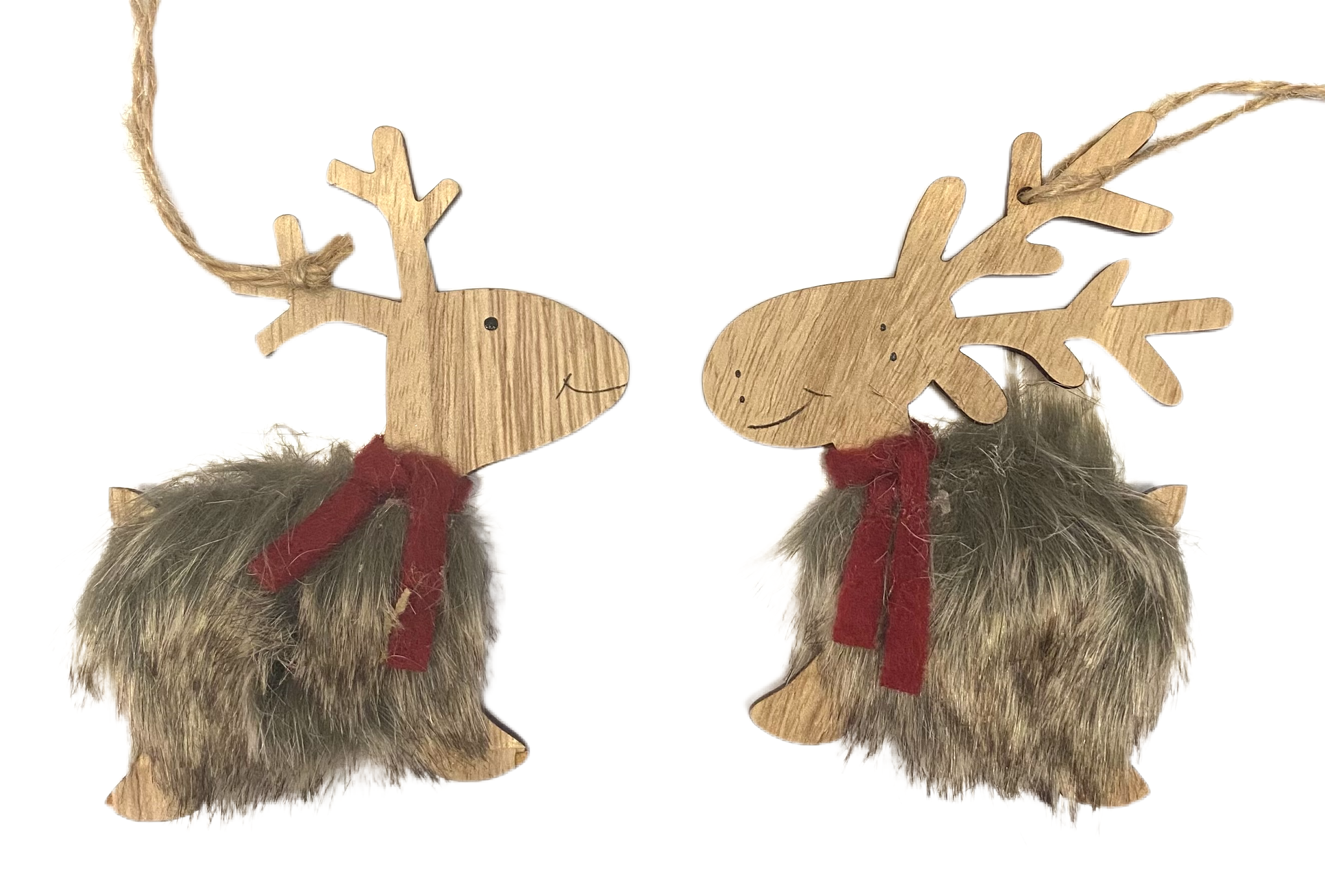 Wooden Fluffy Reindeer in Red Scarf Hanging Festive Decoration - Sold singly - Kate's Cupboard