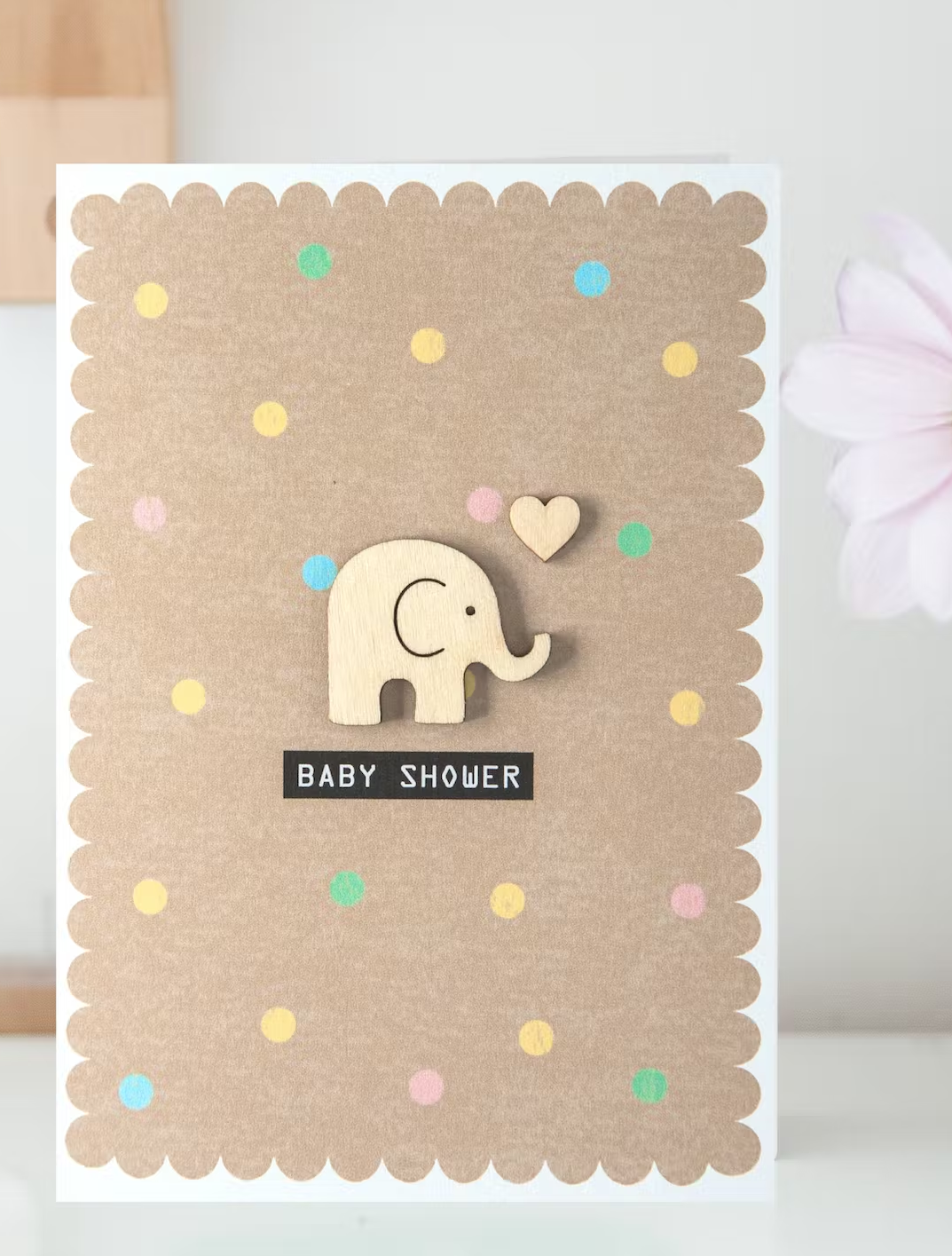 Greeting Card with Envelope -  Baby Shower with Wooden Elephant & Heart Detail