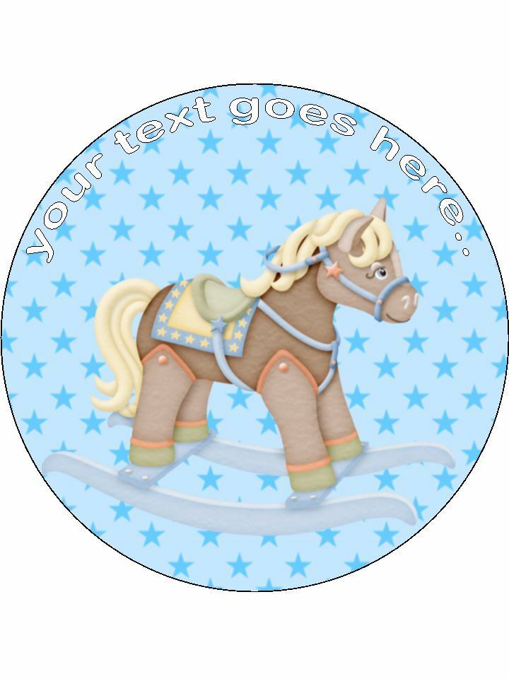 Baby Shower Blue Rocking Horse Personalised Edible Cake Topper Round Icing Sheet - The Cooks Cupboard Ltd