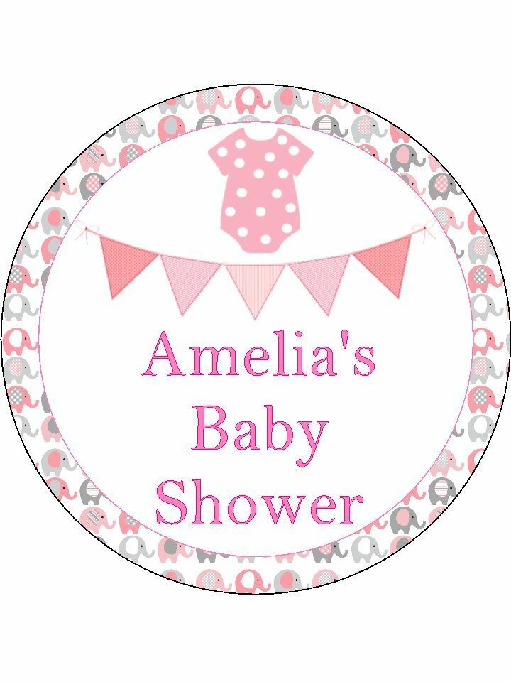 Baby Shower pink grey elephant girl Personalised Edible Cake Topper Round Icing Sheet - The Cooks Cupboard Ltd