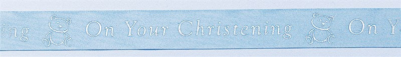 Blue Christening Ribbon with Teddy Bear and text - 24mm width - The Cooks Cupboard Ltd